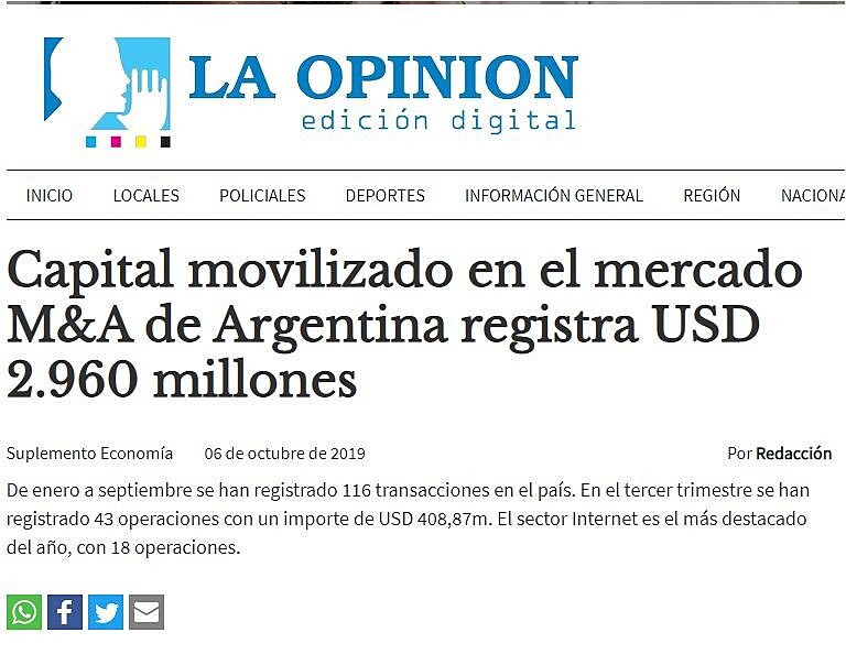 Capital movilizado en el mercado M&A de Argentina registra USD 2.960 millones